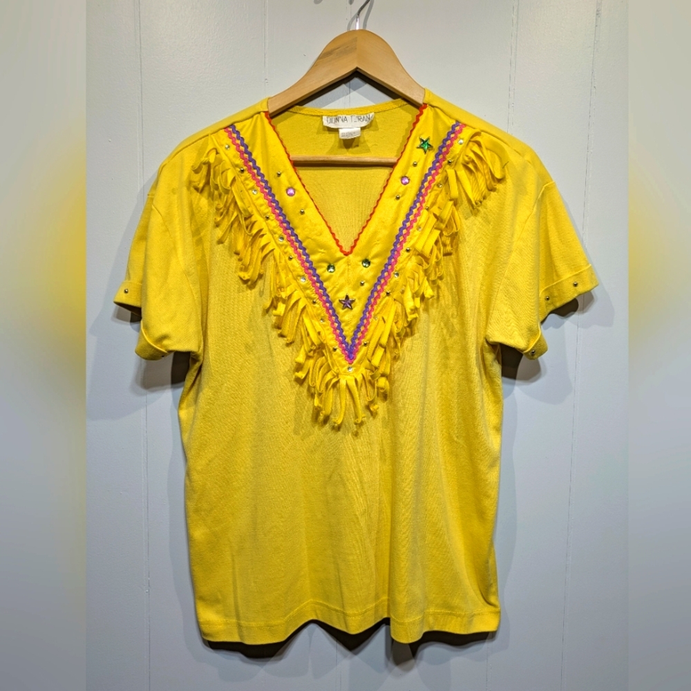 Donna Toran Western Fringe Shirt In Yellow Size Large Rhinestones 80s‎